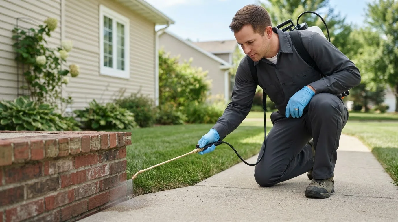 Pest control technician treating a home near Camak, GA